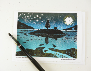 SJS-C Linoleum Block Print Card, Orcas Island Fireworks